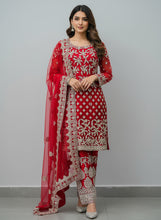 Load image into Gallery viewer, A traditional embroidered red suit with a net fabric, consisting of a top and pants, displayed on a mannequin.
