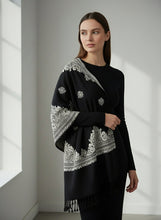Load image into Gallery viewer, Black scarf with white intricate patterns and fringes