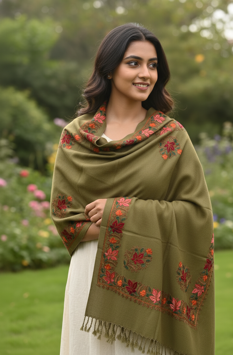 Woman wearing a green embroidered shawl in a garden setting