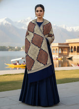 Load image into Gallery viewer, Woman wearing a patterned shawl over a dark blue dress with a scenic background.

