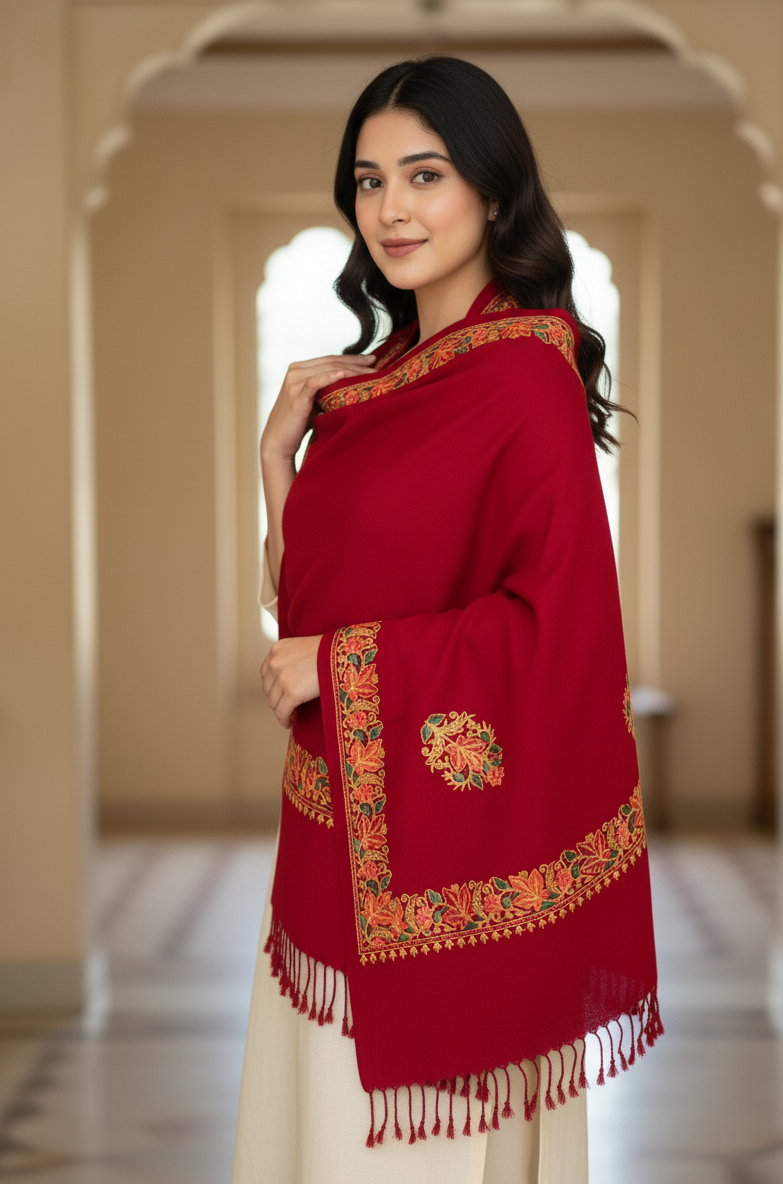 Woman wearing a red embroidered shawl in an elegant interior setting
