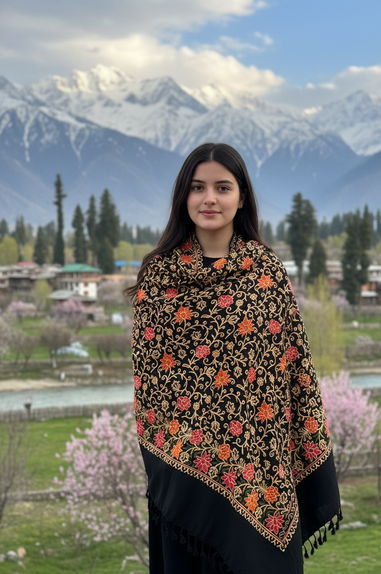 Woman wearing a floral shawl in a scenic location with mountains and trees.