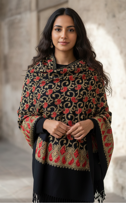 Woman wearing a black and red patterned shawl against a stone wall.