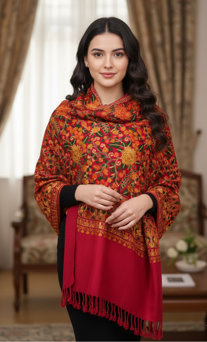 Woman wearing a red and orange patterned scarf in a room with furniture and decor.