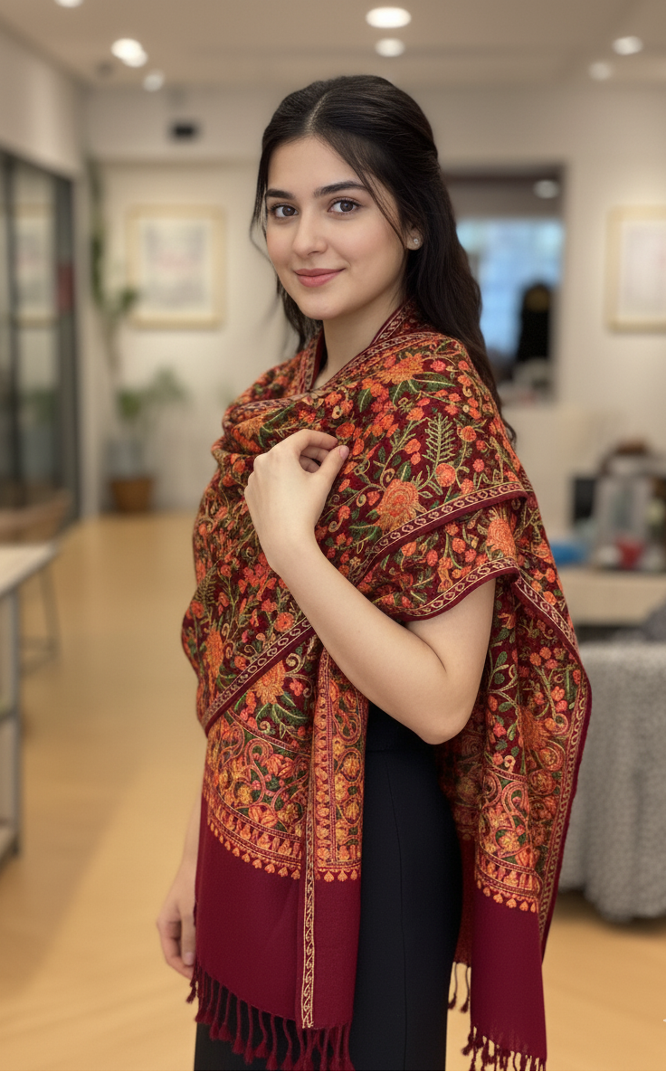 Woman wearing a patterned scarf in an indoor setting