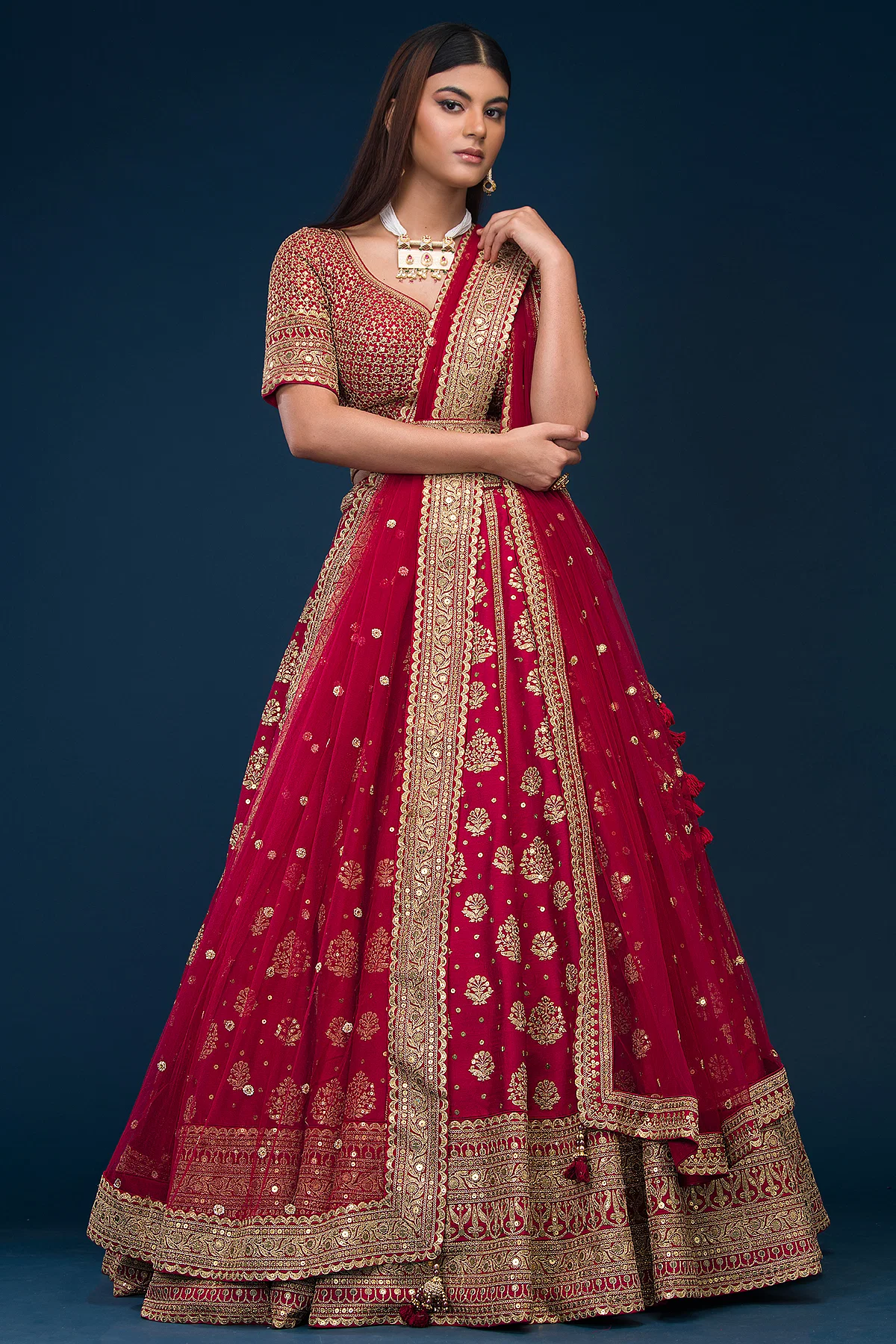 SEQUINS EMBROIDERED SILK BRIDAL LEHENGA